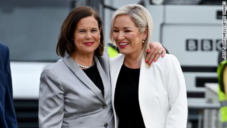Sinn Fein leader Mary Lou McDonald (left) and Sinn Fein Northern Ireland leader Michelle O&#39;Neill (right) arrive at the election count in Belfast on May 6 2022.