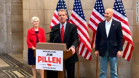 Jim Pillen, center, talks about his campaign after receiving an endorsement from Ricketts, right, in January. 