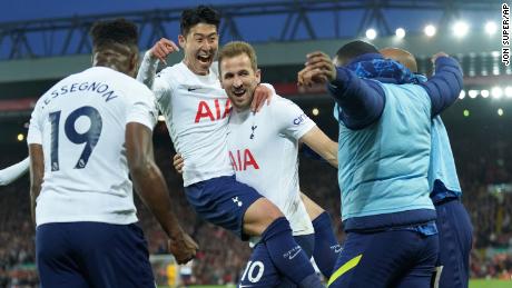 Tottenham&#39;s Son Heung-min, second left, celebrates with his teammates after scoring his side&#39;s opening goal.