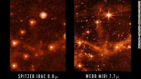 Compare the sharpess and level of detail captured by the Spitzer Space Telescope (left) and the James Webb Space Telescope (right).