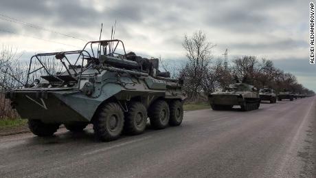 FILE - A Russian military convoy moves on a highway in an area controlled by Russian-backed separatist forces near Mariupol, Ukraine, on April 16, 2022. Mariupol, which is part of the industrial region in eastern Ukraine known as the Donbas, has been a key objective for Russia since the start of the Feb. 24 invasion. (AP Photo/Alexei Alexandrov, File)
