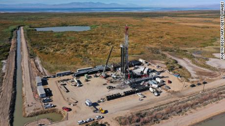 This aerial view shows the Controlled Thermal Resources (CRT) drilling rig in Calipatria, California, on December 15, 2021.