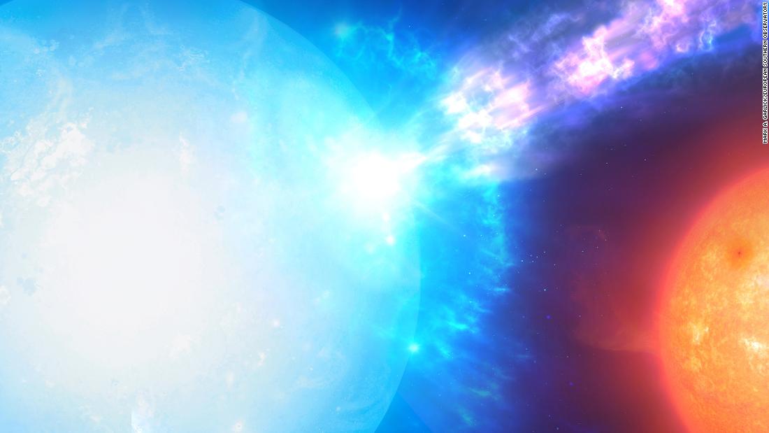 This artist&#39;s impression shows a two-star system, with a white dwarf (foreground) and a companion star (background), where a micronova explosion can occur. Although these stellar explosions are smaller than supernovae, they can be intensely powerful.