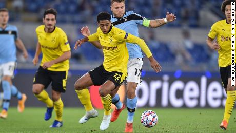 Bellingham (centre) plays for Borussia Dortmund in their group stage match against Lazio on October 20, 2020 at Olympic Stadium in Rome, Italy. 