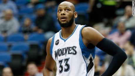 Adreian Payne is pictured playing for the Minnesota Timberwolves against the Charlotte Hornets in the first quarter of an NBA basketball game, Tuesday, Nov. 10, 2015, in Minneapolis.