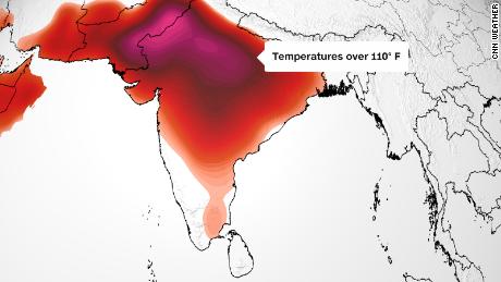 预测地图显示，周五印度大部分地区将忍受高温：超过 32°C/90°F（橙色阴影）； 超过 38°C/100°F（红色）； 或超过 43°C/110°F（粉红色）。