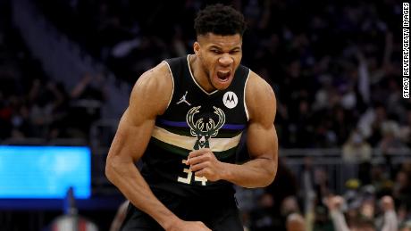 Antetokounmpo's reaction to a three-point shot against the New York Knicks. 