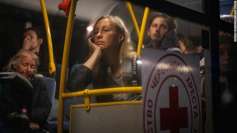 Ukrainian people evacuated from Mariupol arrive on buses at a registration and processing area for &lt;a href=&quot;https://edition.cnn.com/europe/live-news/russia-ukraine-war-news-05-10-22/h_efd6f08f34ea6abe8174414eb07cef55&quot; target=&quot;_blank&quot;&gt;internally displaced people&lt;/a&gt; in Zaporizhzhia, on May 8.