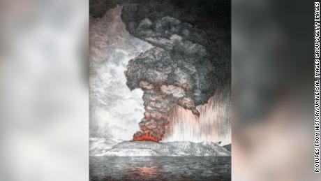 A lithograph shows clouds pouring out of the Krakatoa volcano during the cataclysmic 1883 eruption in southwest Indonesia.