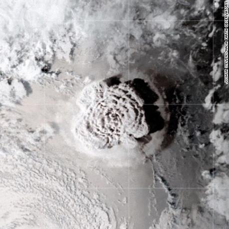 The GOES-17 satellite captured images of an umbrella cloud generated by the underwater eruption of the Hunga Tonga-Hunga Ha&#39;apai volcano on Jan. 15, 2022. Crescent-shaped bow shock waves and numerous lighting strikes are also visible.