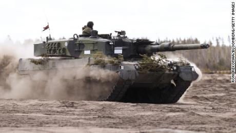 A Leopard 2A6 battle tank during the Finnish Army Arrow 22 training exercise, with participating forces from the U.K., Latvia, U.S. and Estonia, in Niinisalo, Finland, on Wednesday, May 4, 2022. Swedes and Finns are increasingly in favor of joining the NATO defense bloc after Russia&#39;s invasion of Ukraine, adding pressure on the countries&#39; leaders to change long-standing policies of military non-alignment. Photographer: Roni Rekomaa/Bloomberg via Getty Images