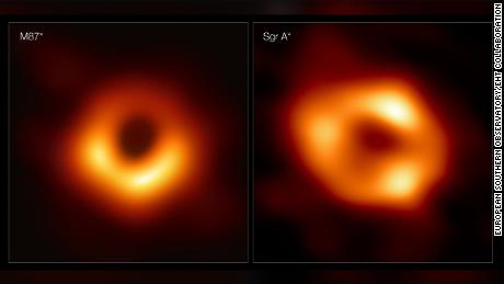 Estos paneles muestran las dos primeras imágenes de un agujero negro.  A la izquierda está el M87* y a la derecha el arco A*.