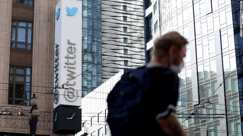 A sign is posted on the exterior of Twitter headquarters on April 27, 2022 in San Francisco, California. 