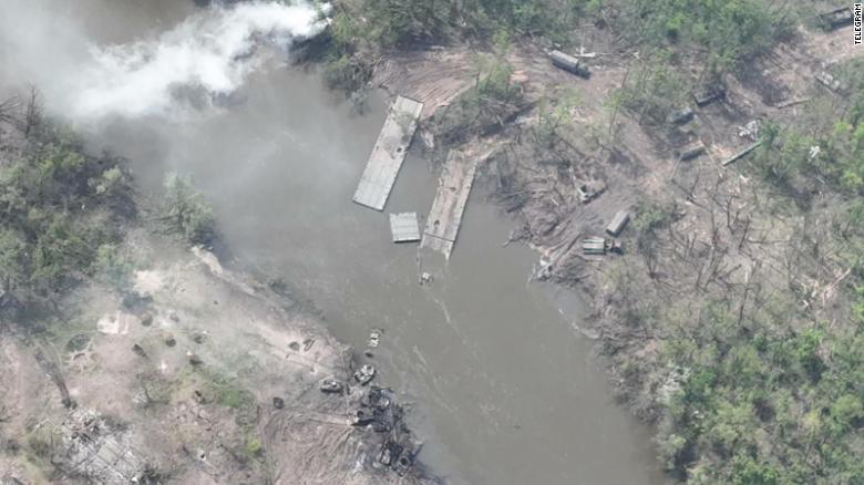 Additional photos also taken by a drone show the Russians tried to erect a second pontoon bridge across the river, which was also blown up by the Ukrainians. 