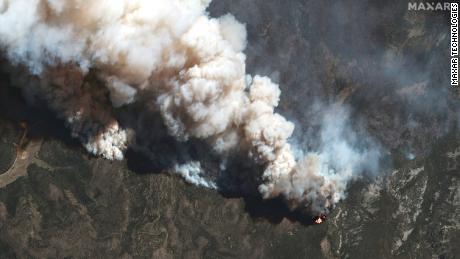 A satellite image shows a view of fire lines of the Hermits Peak Fire near Las Vegas, New Mexico, on May 11. 