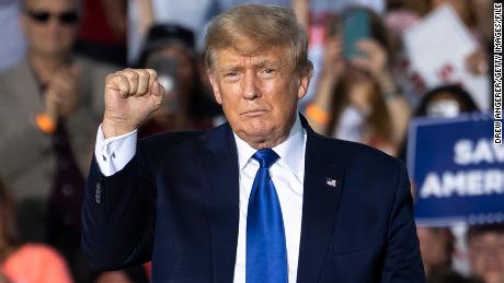 DELAWARE, OH - APRIL 23: Former U.S. President Donald Trump gestures after speaking during a rally hosted by the former president at the Delaware County Fairgrounds on April 23, 2022 in Delaware, Ohio. Last week, Trump announced his endorsement of J.D. Vance in the Ohio Republican Senate primary. (Photo by Drew Angerer/Getty Images)