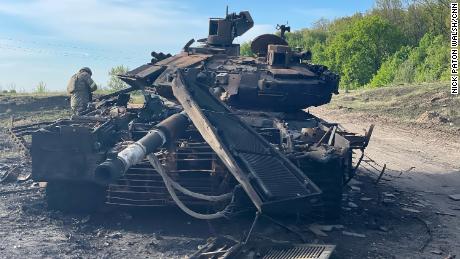 The remains of a Russian T90M tank destroyed days earlier. The Ukrainian defense ministry released a drone video of the tank being destroyed in the apparent strike.