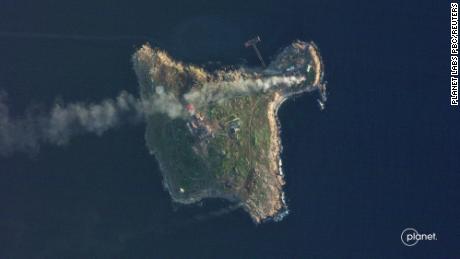 A satellite view shows smoke rising over Snake Island on May 8, 2022.