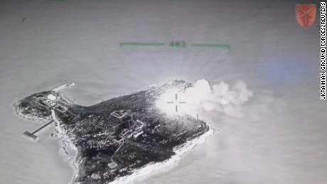 The view shows a fire on Serpent Island, Ukraine, in this screenshot taken from a drone video obtained by Reuters on May 8, 2022.  