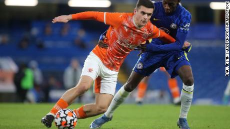 Jake Daniels shields the ball from Chelsea&#39; s Luke Badley Morgan during Chelsea Under-18 vs. Blackpool Under-18 in the FA Youth Cup.