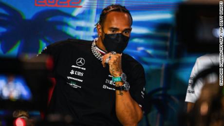 Mercedes&#39; Lewis Hamilton attends the press conference ahead of the first practice ahead of the Miami Grand Prix.
