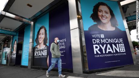 Campaign posters for independent candidate Monique Ryan at the Kooyong headquarters in Melbourne.