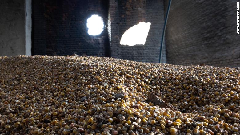 Corn lies scattered in a grain warehouse damaged by Russian tanks on May 14, 2022 in Cherkska Lozova, Ukraine. 