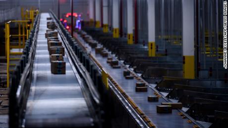 Orders move down a conveyor belt at the 855,000-square-foot Amazon fulfillment center in Staten Island on February 5, 2019. 