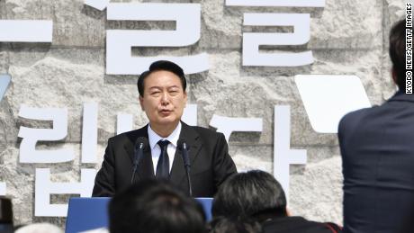 South Korean President Yoon Suk Yeol delivers a speech in Gwangju on May 18, 2022, at a ceremony marking the 42nd anniversary of a pro-democracy uprising in 1980 in the southwestern city. 