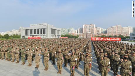 Military personnel from the Korean People&#39;s Army medical corps attend the launch of a campaign to improve the supply of medicines, amid the coronavirus disease (COVID-19) pandemic, in Pyongyang, North Korea, in this undated photo released by North Korea&#39;s Korean Central News Agency (KCNA) on May 17, 2022. KCNA via REUTERS    ATTENTION EDITORS - THIS IMAGE WAS PROVIDED BY A THIRD PARTY. REUTERS IS UNABLE TO INDEPENDENTLY VERIFY THIS IMAGE. NO THIRD PARTY SALES. SOUTH KOREA OUT. NO COMMERCIAL OR EDITORIAL SALES IN SOUTH KOREA.
