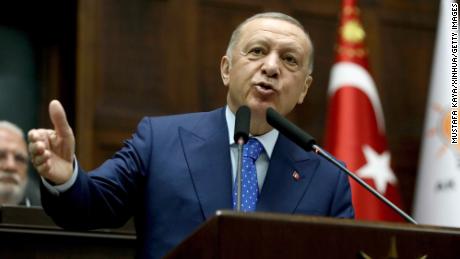 Turkish President Recep Tayyip Erdogan gives a speech in Ankara, Turkey, on May 18, 2022. Turkey will not approve Sweden&#39;s NATO membership if the country does not extradite &quot;terrorists&quot; upon Turkish request, Erdogan said Wednesday. (Photo by Mustafa Kaya/Xinhua via Getty Images)