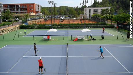 Tennis student train at the Mouratoglou Academy in Biot, southeastern France, on September 23, 2021. 