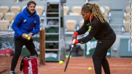 Serena Williams trains with coach Patrick Mouratoglu in preparation for the 2020 French Open at Roland Garros on September 26, 2020.