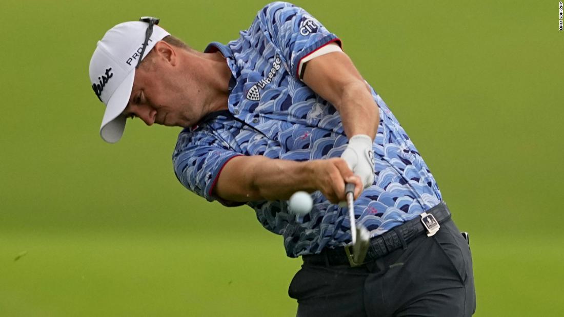 Justin Thomas hits from the rough on the 16th hole during the second round.