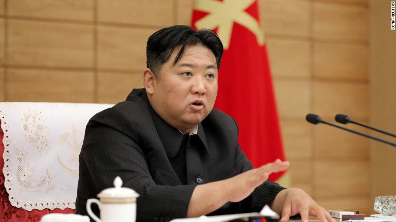 North Korean leader Kim Jong Un speaks at a politburo meeting of the Worker's Party in this undated photo released by North Korea's Korean Central News Agency on May 21, 2022.  