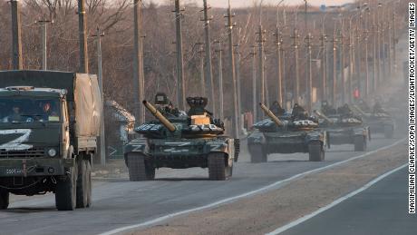 The Z symbol, seen here on a column of Russian military vehicles, has become a motif of the invasion of Ukraine.