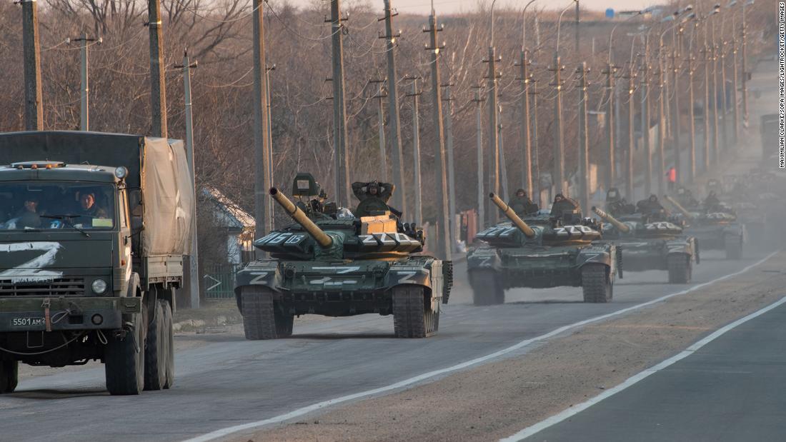 The Z symbol, seen here on a column of Russian military vehicles, has become a motif of the invasion of Ukraine.