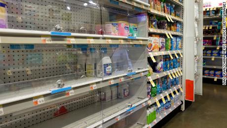 A nearly empty baby formula display shelf is seen at a Walgreens pharmacy on May 9 in New York City.