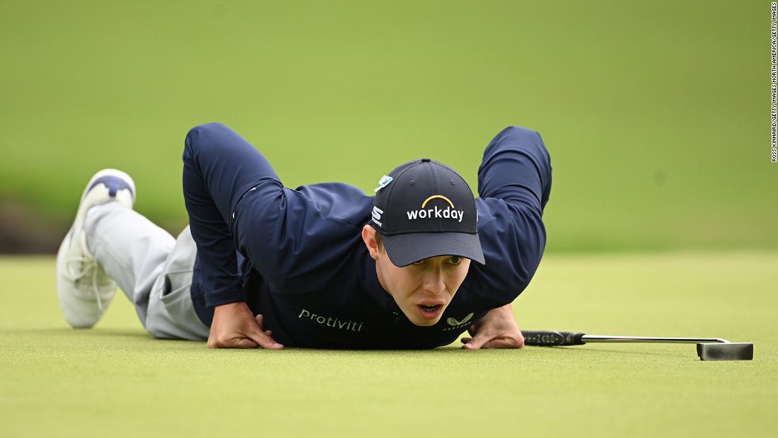 Matthew Fitzpatrick plays a shot on the seventh hole.