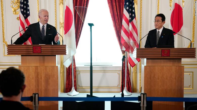 President Joe Biden speaks during a news conference with Japanese Prime Minister Fumio Kishida at Akasaka Palace in Tokyo on May 23.