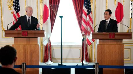 President Joe Biden, left, speaks during a news conference with Japanese Prime Minister Fumio Kishida at Akasaka Palace, Monday, May 23, 2022, in Tokyo. (AP Photo/Evan Vucci)