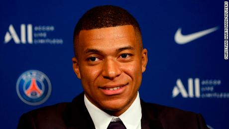 Mbappé during a press conference. 