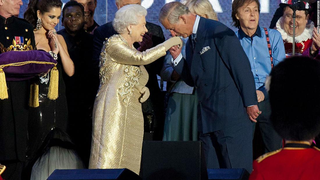 Paul McCartney and Cheryl Cole were among the stars to share a stage with the Queen during the Diamond Jubilee Concert, where Prince Charles greeted his mother with a kiss on the hand. 