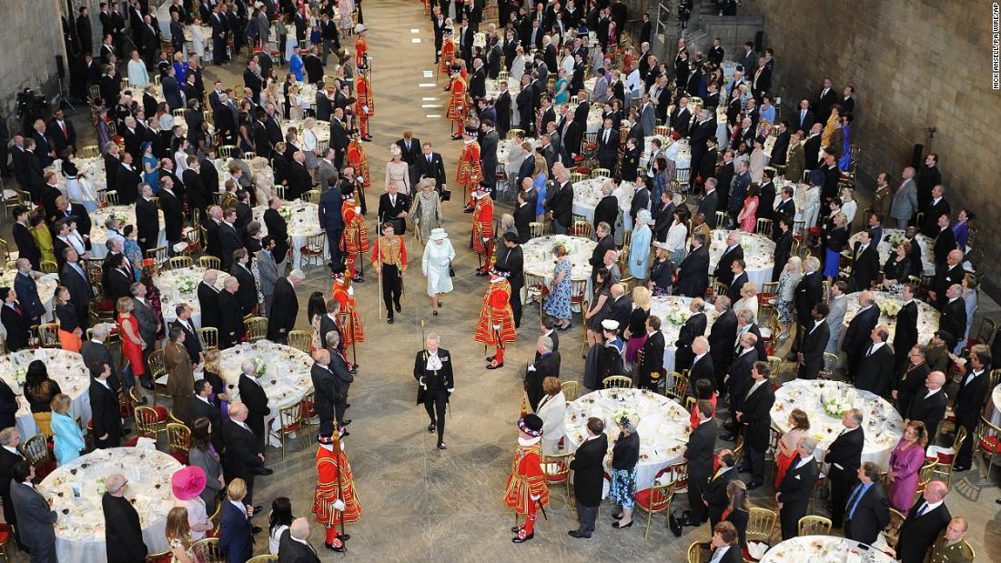 The Queen, the Prince of Wales, the Duchess of Cornwall, the Duchess and Duke of Cambridge and Prince Harry, leave Westminster Hall following the Diamond Jubilee Lunch in 2012.