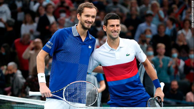 Russian tennis star Daniil Medvedev and Novak Djokovic during the Rolex Paris Masters 2021 final on November 7, 2021.