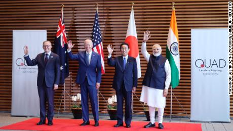 (L-R) Australian Prime Minister Anthony Albanese, U.S. President Joe Biden, Japanese Prime Minister Fumio Kishida and Indian Prime Minister Narendra Modi pose for photo before QUAD leaders meeting at the prime minister&#39;s office in Tokyo on May 24, 2022. QUAD, Quadrilateral Security Dialogue, is a strategic security dialogue between Australia, India, Japan, and the United States that is maintained by talks between member countries.  ( The Yomiuri Shimbun )