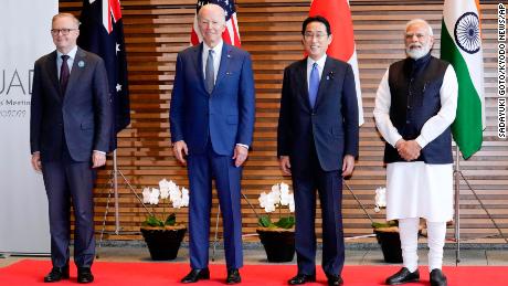 Leaders of Quadrilateral Security Dialogue (Quad) from left to right, Australian Prime Minister Anthony Albanese, U.S. President Joe Biden, Japanese Prime Minister Fumio Kishida, and Indian Prime Minister Narendra Modi, pose for photo at the entrance hall of the Prime Minister&#39;s Office of Japan in Tokyo, Japan, Tuesday, May 24, 2022.  (Sadayuki Goto/Kyodo News via AP)