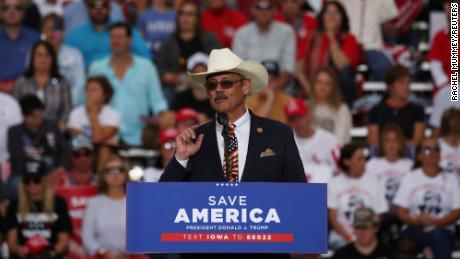 Arizona state representative Mark Finchem (R-AZ) speaks at a rally in Iowa State Fairgrounds, in Des Moines, Iowa, U.S., October 9, 2021.