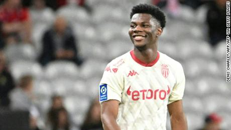 Monaco&#39;s midfielder Aurelien Tchouameni celebrates after scoring during the French L1 football match between Lille OSC and AS Monaco at the Pierre Mauroy Stadium in Villeneuve d&#39;Ascq, northern France on May 6, 2022. (Photo by DENIS CHARLET / AFP) (Photo by DENIS CHARLET/AFP via Getty Images)