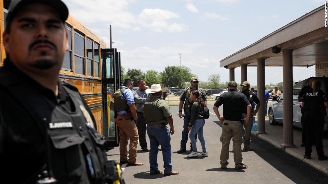 A child gets on a school bus Tuesday under the watch of law enforcement. Robb Elementary teaches second through fourth grades and had 535 students in the 2020-21 school year, according to state data. About 90% of students are Hispanic and about 81% are economically disadvantaged, the data shows. Thursday was set to be the last day of school before the summer break.